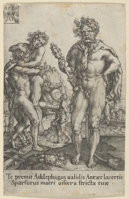 Hercules Squeezing Antaeus to Death, from "The Labors of Hercules" Wall Art by Heinrich Aldegrever - High-Resolution Digital Print