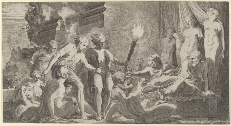 Hercules surprising Fanus who mistook him for Omphale Wall Art by Léon Davent - High-Resolution Digital Print