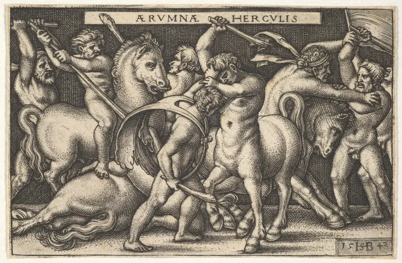 Hercules with his club in center fighting a centaur, other men fighting centaurs to left and right, from "The Labors of Hercules" Wall Art by Sebald Beham - High-Resolution Digital Print