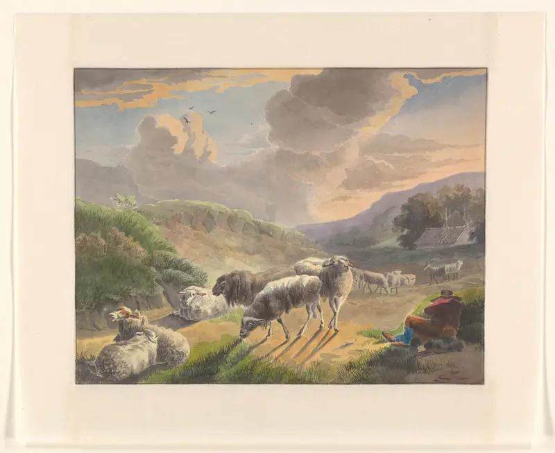 Herder en schapen in een landschap bij zonsondergang Wall Art by Johannes van Reijn - High-Resolution Digital Print