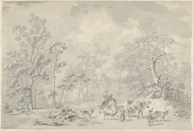 Herder en vee in een boomrijk landschap Wall Art by Jan van Os - High-Resolution Digital Print