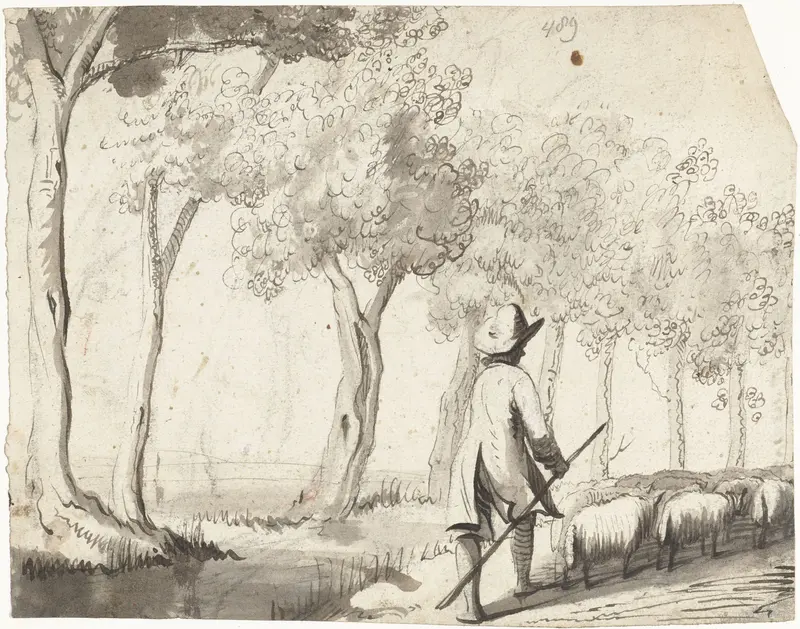 Herder en zijn kudde lopend op een pad langs bomen Wall Art by Unknown - High-Resolution Digital Print