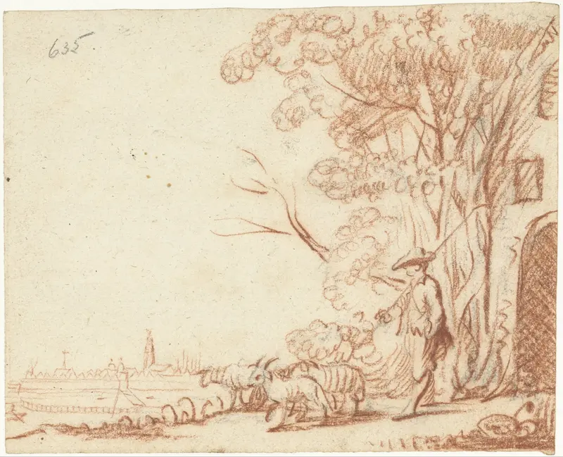 Herder en zijn schapen bij een boerderij Wall Art by Harmen ter Borch - High-Resolution Digital Print