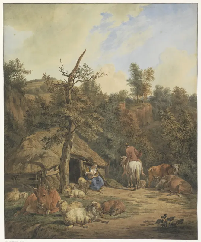 Herder, herderin en vee rustend voor een vervallen stal Wall Art by Hendrik Abraham Klinkhamer - High-Resolution Digital Print