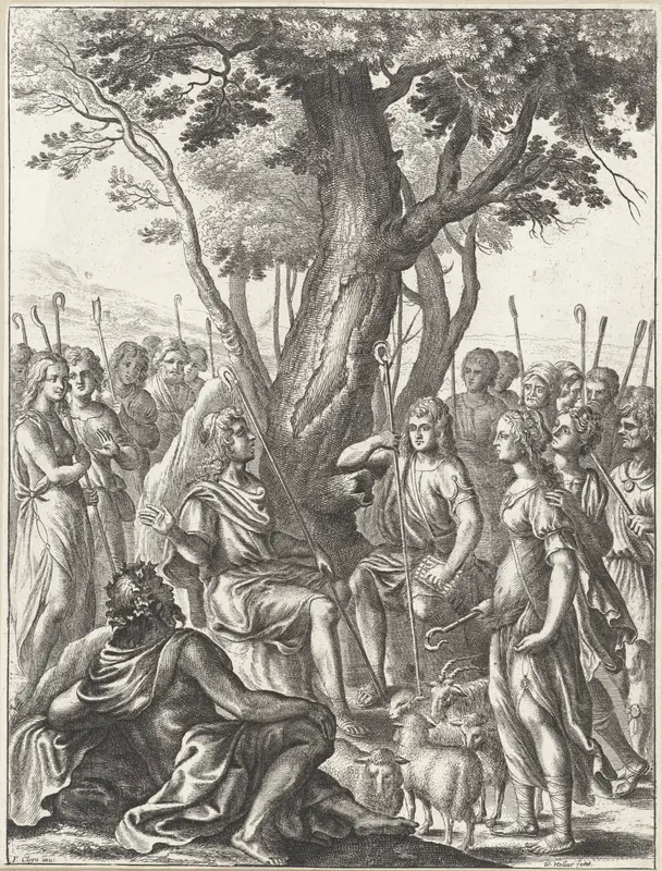 Herder Meliboeus beoordeelt het spel van de herders Corydon en Thyrsis Wall Art by Unknown - High-Resolution Digital Print