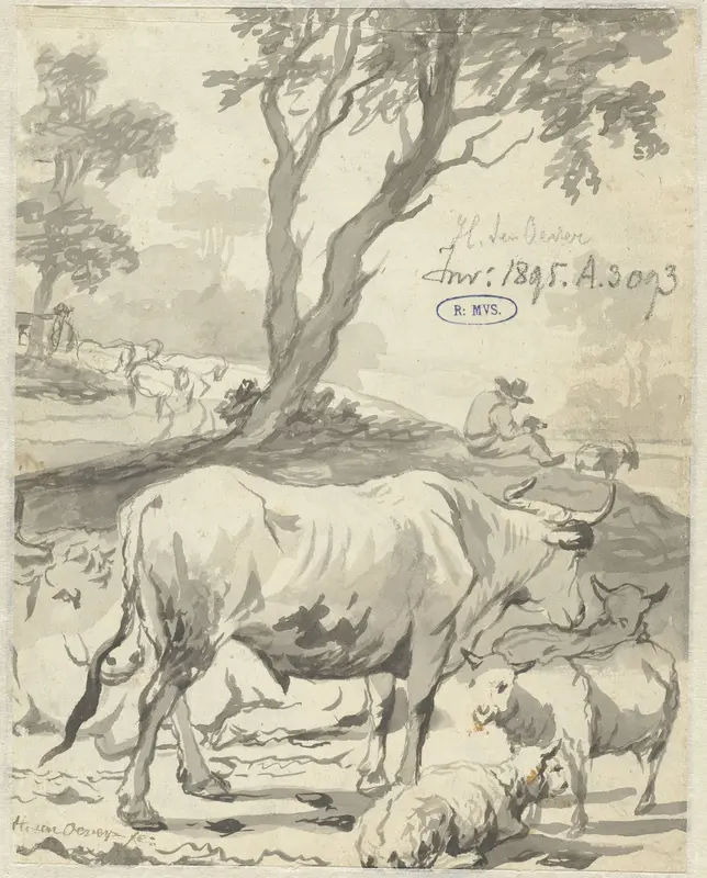 Herder met koeien en schapen onder een boom Wall Art by Hendrick ten Oever - High-Resolution Digital Print