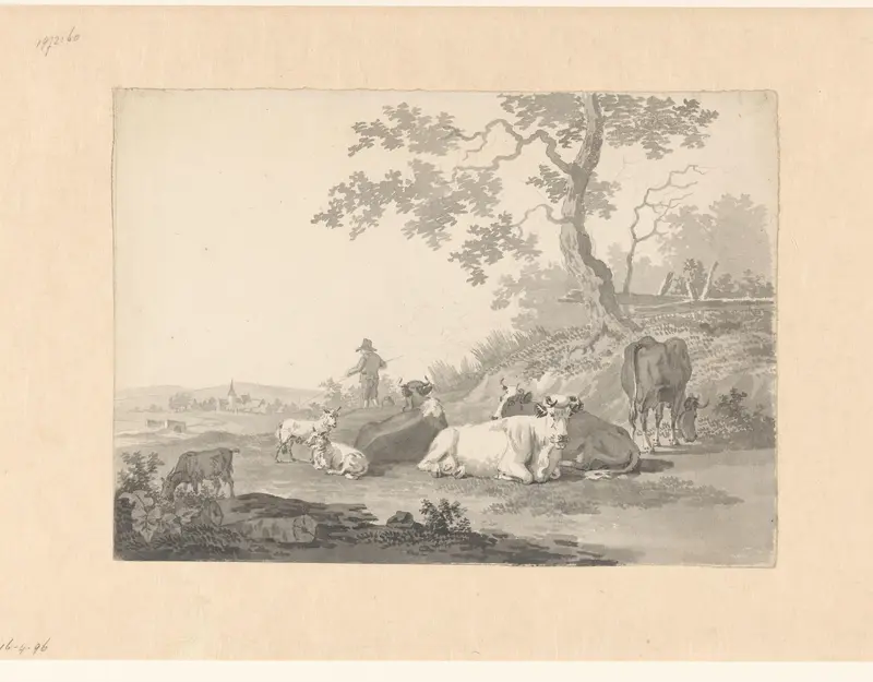Herder met rustend vee bij een heuveltje Wall Art by anonymous - High-Resolution Digital Print