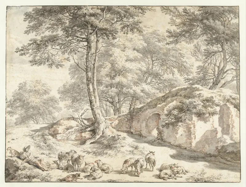 Herder met schapen bij een ruïne tussen bomen Wall Art by Nicolaes Pietersz Berchem - High-Resolution Digital Print