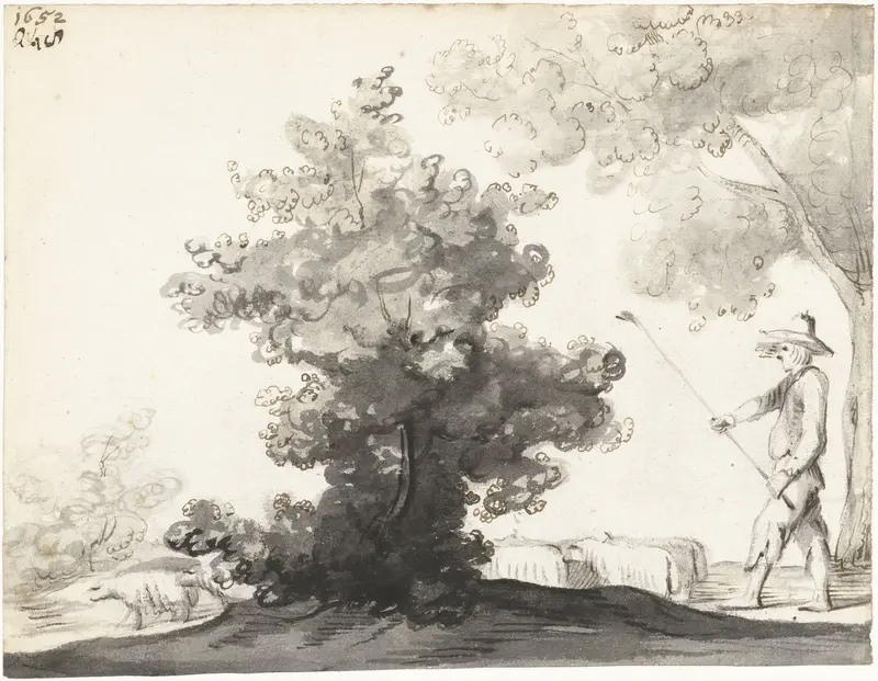 Herder met staf en schapen, lopend langs een struik Wall Art by Harmen ter Borch - High-Resolution Digital Print