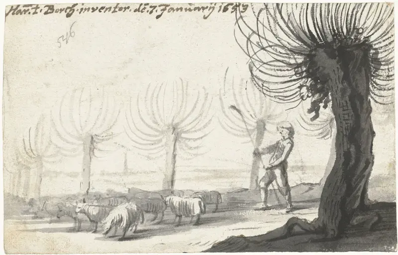 Herder met staf, staand naast schapen en wilgen Wall Art by Unknown - High-Resolution Digital Print
