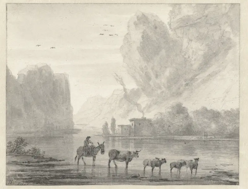 Herder met vee aan de oever van een rivier Wall Art by Hendrik van der Straaten - High-Resolution Digital Print