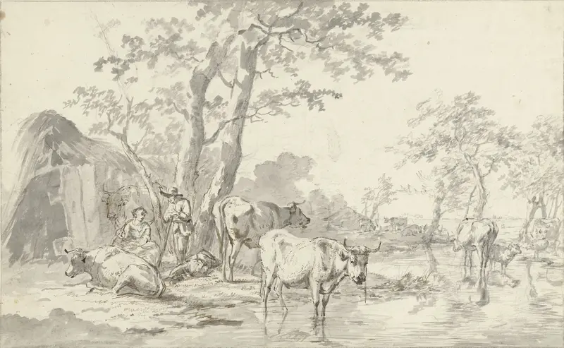 Herder met vrouw en kind met vee onder bomen bij water Wall Art by Unknown - High-Resolution Digital Print