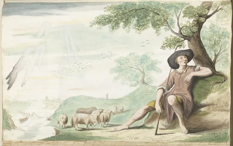 Herder rustend onder een boom bij zijn kudde Wall Art by Unknown - High-Resolution Digital Print