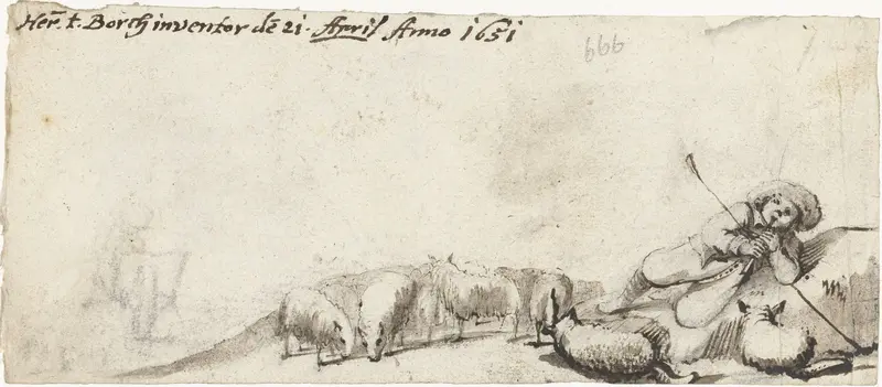 Herder speelt fluit bij zijn schapen Wall Art by Unknown - High-Resolution Digital Print