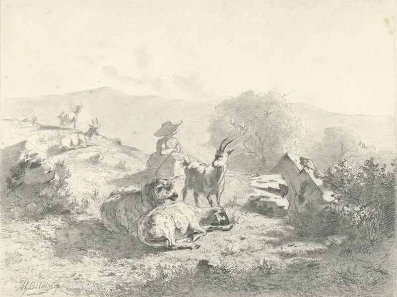Herderin met geiten en schapen in bergachtig landschap Wall Art by Gerard Bilders - High-Resolution Digital Print