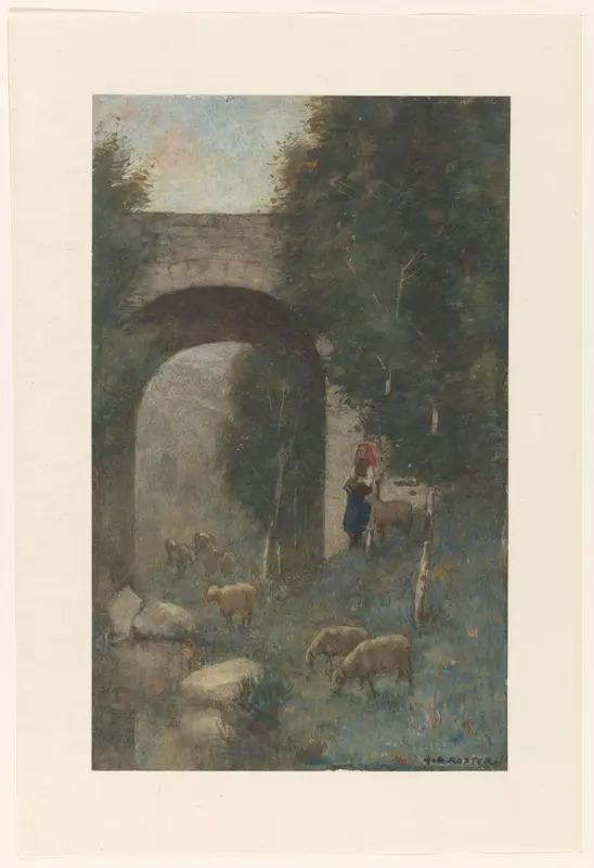 Herderin met schapen, bij een viaduct Wall Art by Anton L. Koster - High-Resolution Digital Print