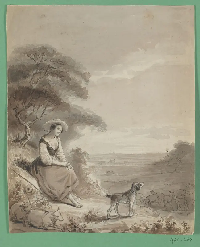 Herderin uitkijkend over een landschap met een kudde schapen Wall Art by Johann Wilhelm Kaiser (I) - High-Resolution Digital Print