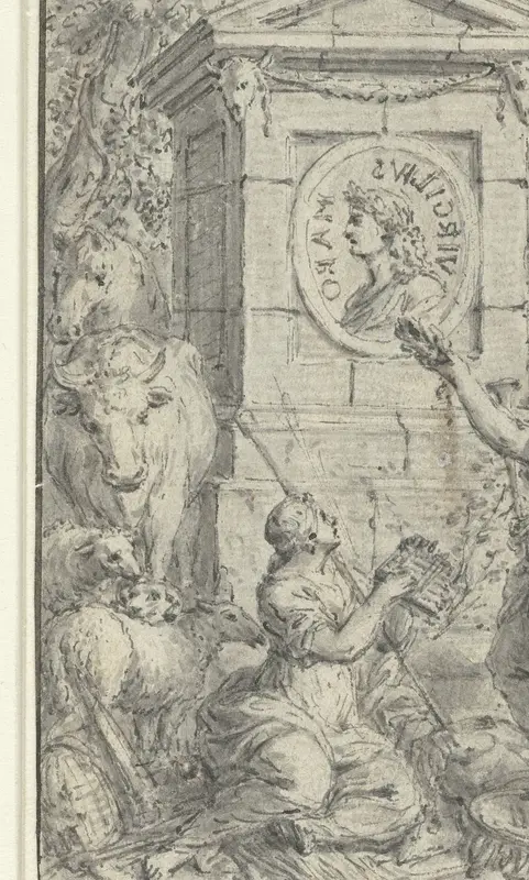 Herderinnen bewonderen een medaillonportret van Vergilius Wall Art by Ferdinand Delamonce - High-Resolution Digital Print
