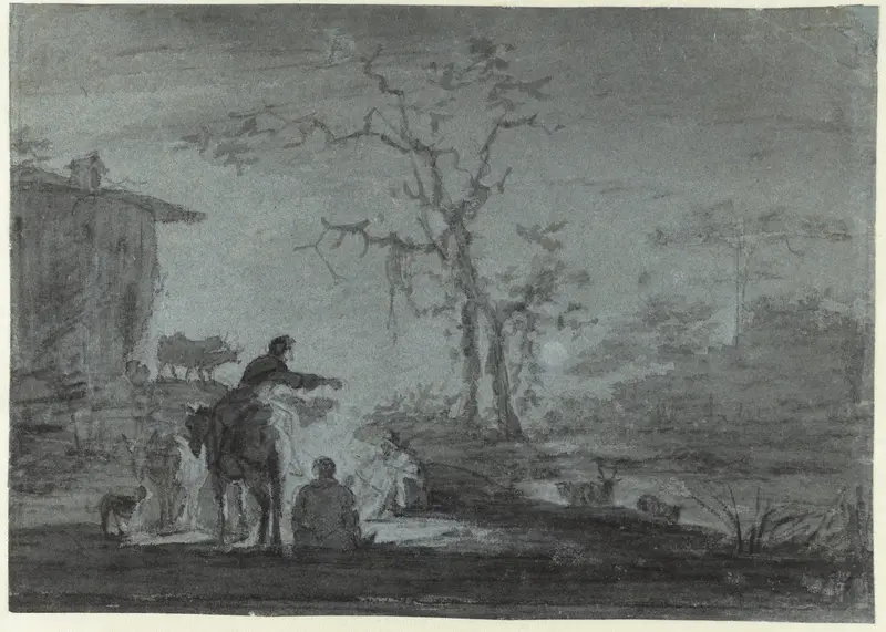 Herders bij een kampvuur bij maanlicht Wall Art by Unknown - High-Resolution Digital Print