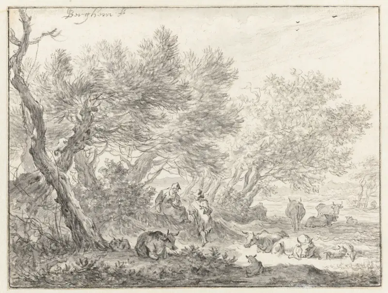 Herders en vee bij een groep bomen Wall Art by Nicolaes Pietersz Berchem - High-Resolution Digital Print
