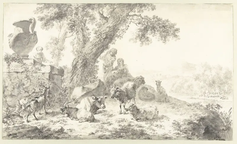 Herders with their Flock under a Tree Wall Art by Simon van der Does - High-Resolution Digital Print