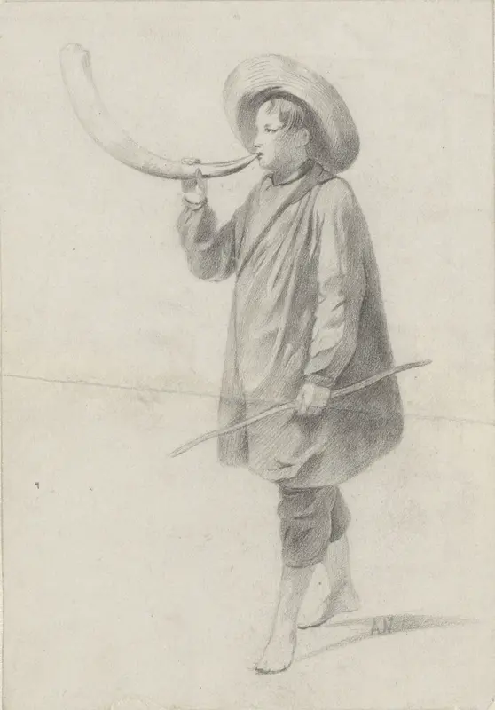 Herdersjongen blazend op een hoorn Wall Art by Albert Neuhuys (1844-1914) - High-Resolution Digital Print