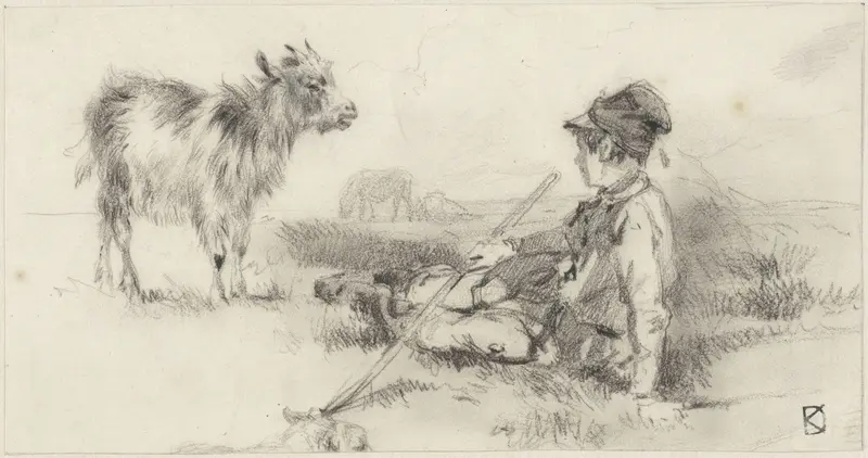 Herdersjongen in het gras gezeten, met tegenover hem een geit Wall Art by Johan Daniël Koelman - High-Resolution Digital Print