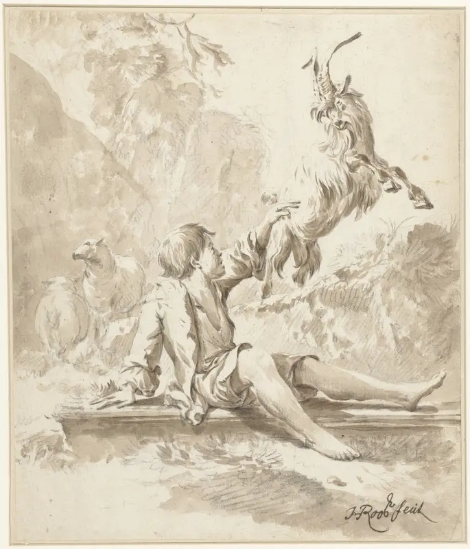 Herdersjongen met een bok spelend Wall Art by Johann Heinrich Roos - High-Resolution Digital Print