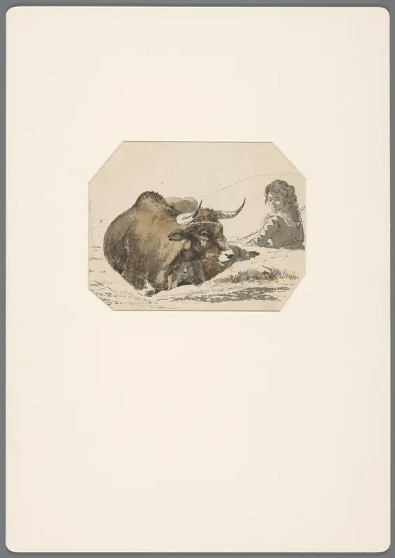 Herdersmeisje zittend achter een liggend rund Wall Art by David Alphonse de Sandoz-Rollin - High-Resolution Digital Print