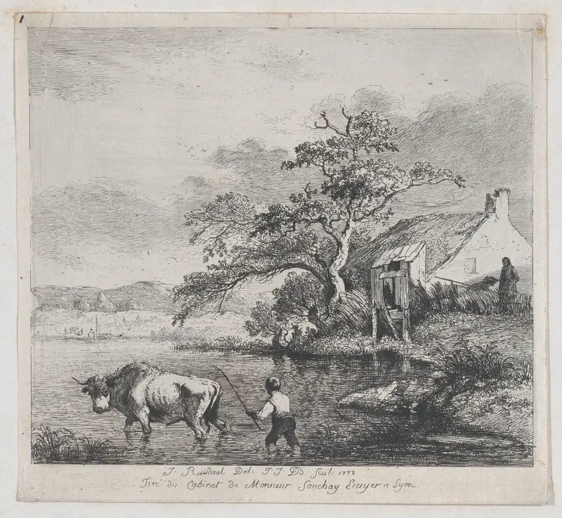 Herdsman and Bull, after Ruisdael Wall Art by Jean Jacques de Boissieu - High-Resolution Digital Print