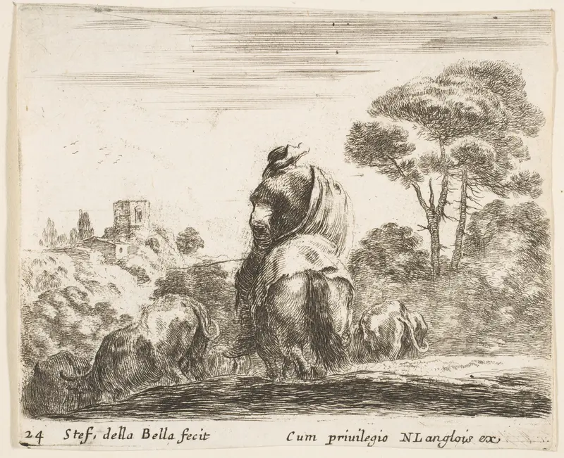 Herdsman atop a horse, seen from behind, leads his cattle down a hill, a tower on a hill to left in the background, plate 24 from "Diversi capricci" Wall Art by Stefano della Bella - High-Resolution Digital Print