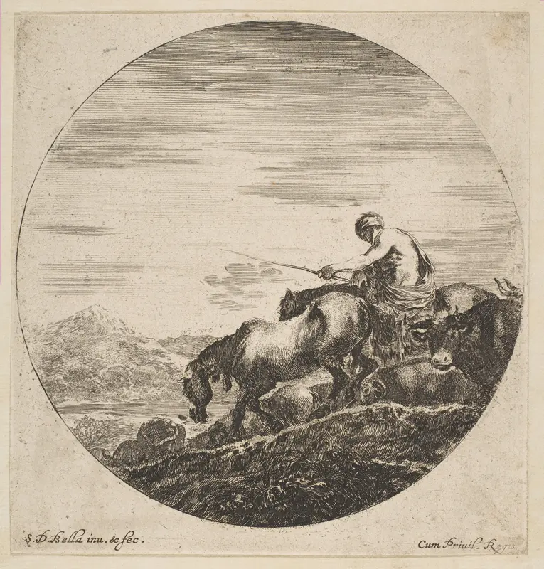 Herdsman on horseback drives animals, from 'Six animal subjects' (Six sujets d'animaux) Wall Art by Stefano della Bella - High-Resolution Digital Print