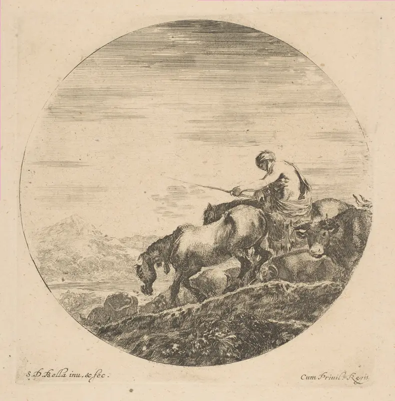 Herdsman on Horseback Drives Animals Wall Art by Stefano della Bella - High-Resolution Digital Print