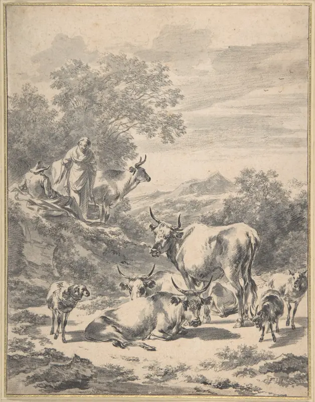 Herdsmen with Cattle and Sheep in Italianate Landscape Wall Art by Nicolaes Berchem - High-Resolution Digital Print