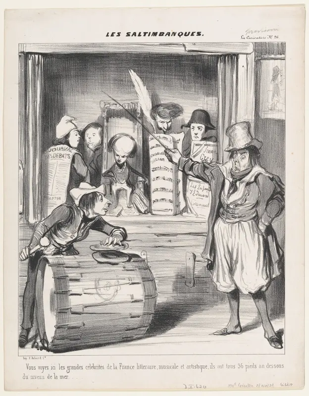 Here you see the great celebrities of literary, musical, and artistic France; they are thirty-six feet tall measured below sea level (Vous voyez ici les grandez célébrités), from Les Saltimbanques, published in La Caricature, April 28, 1839 Wall Art by Honoré Daumier - High-Resolution Digital Print