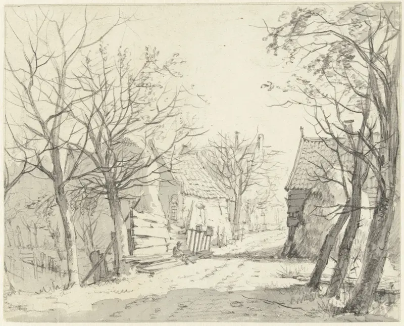 Herfstgezicht met aan weerszijden van een weg boerenwoningen Wall Art by François Joseph Pfeiffer (II) - High-Resolution Digital Print