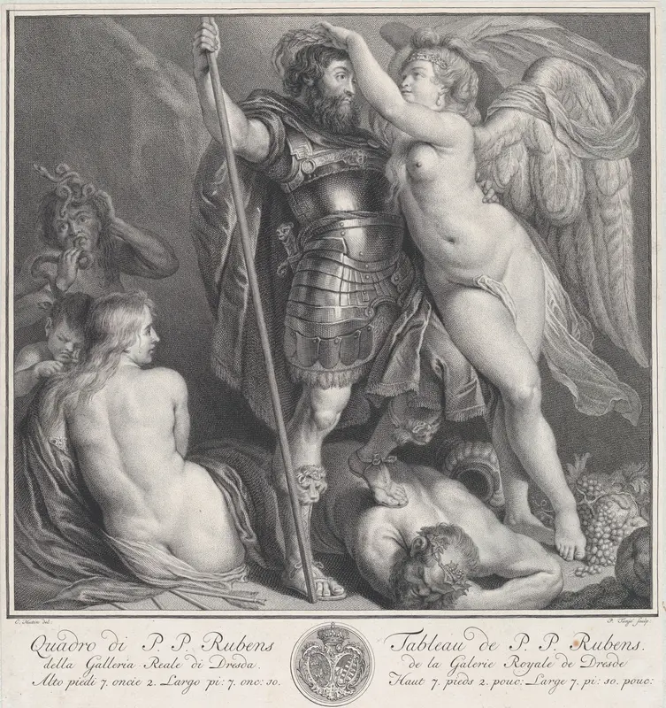 Hero crowned by Victory, who places a laurel wreath on his head, Venus and Cupid at left, Envy at left in the background, Silenus on the ground, under the hero's foot Wall Art by Pieter Tanjé - High-Resolution Digital Print