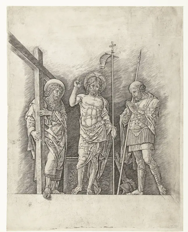 Herrezen Christus staand tussen heiligen Andreas en Longinus Wall Art by Andrea Mantegna - High-Resolution Digital Print