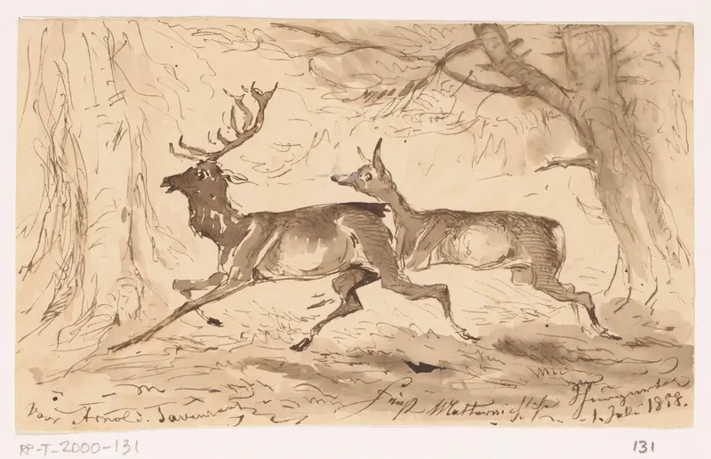 Hert en ree in woud Wall Art by Unknown - High-Resolution Digital Print