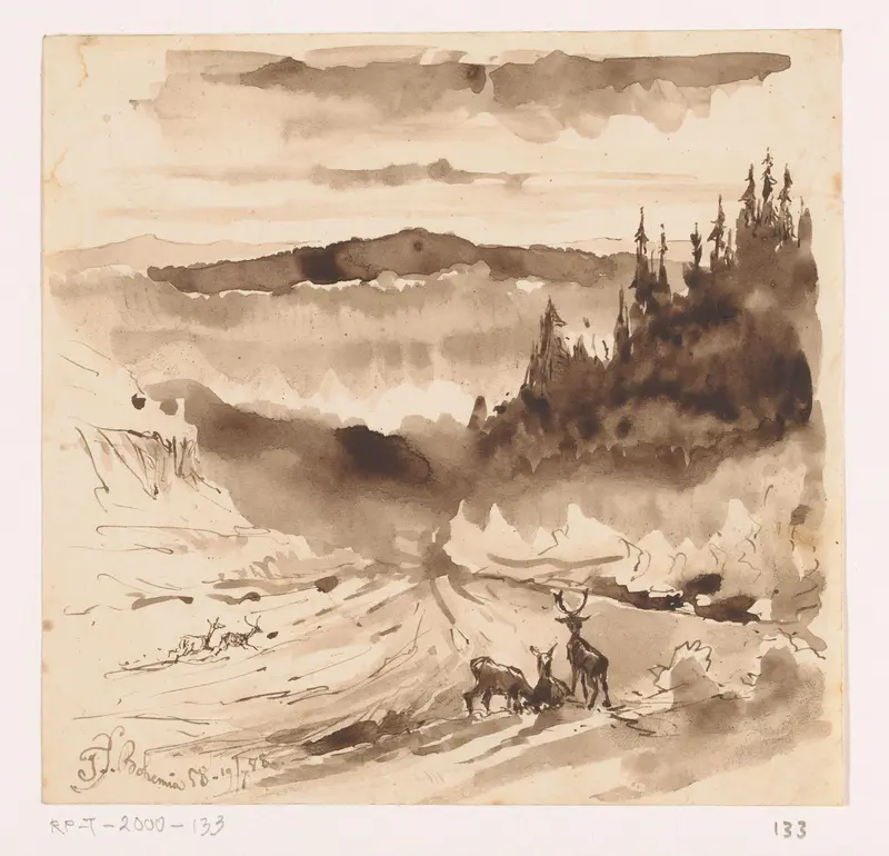 Herten voor een berglandschap in de Bohemen Wall Art by Unknown - High-Resolution Digital Print