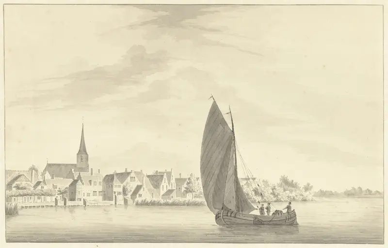 Het dorp Gouderak met op de voorgrond een zeilend schip Wall Art by Theodorus Cornelis Schutter - High-Resolution Digital Print