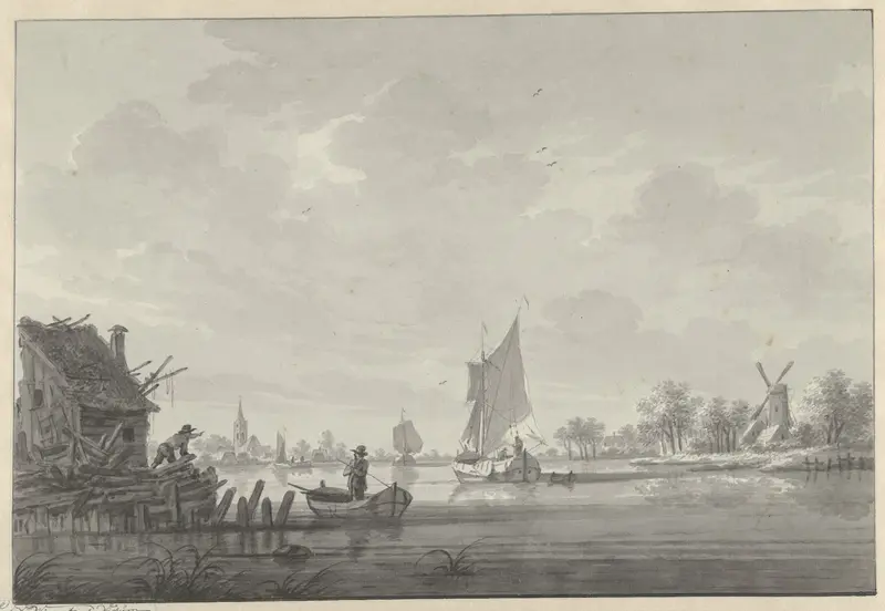 Het dorp Zijp aan de Lek, met zeilschepen op de rivier Wall Art by Nicolaas Wicart - High-Resolution Digital Print