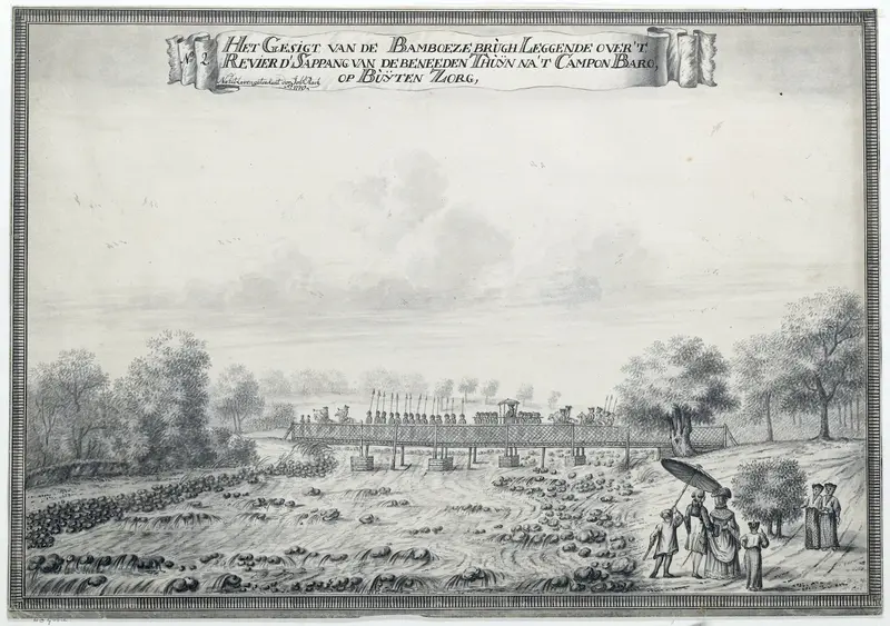 Het Gesigt van de Bamboeze Brugh Leggende over 't Revier d'Sappang van de Beneeden Thuijn na t Campon Baro op Buijten Zorg Wall Art by Unknown - High-Resolution Digital Print