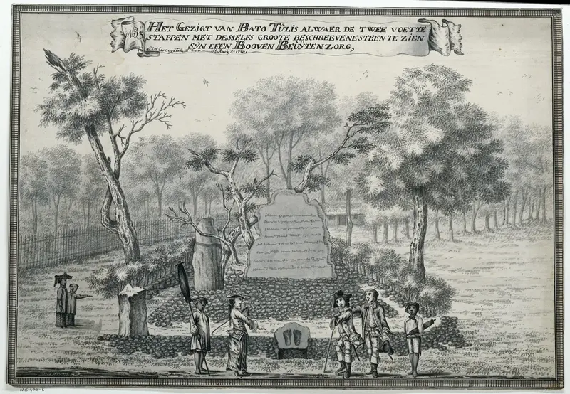 Het Gezigt van Bato Tulis alwaer de twee voette stappen met desselfs groote beschreevene steen te zien sijn efen booven Beuijtenzorg Wall Art by Unknown - High-Resolution Digital Print