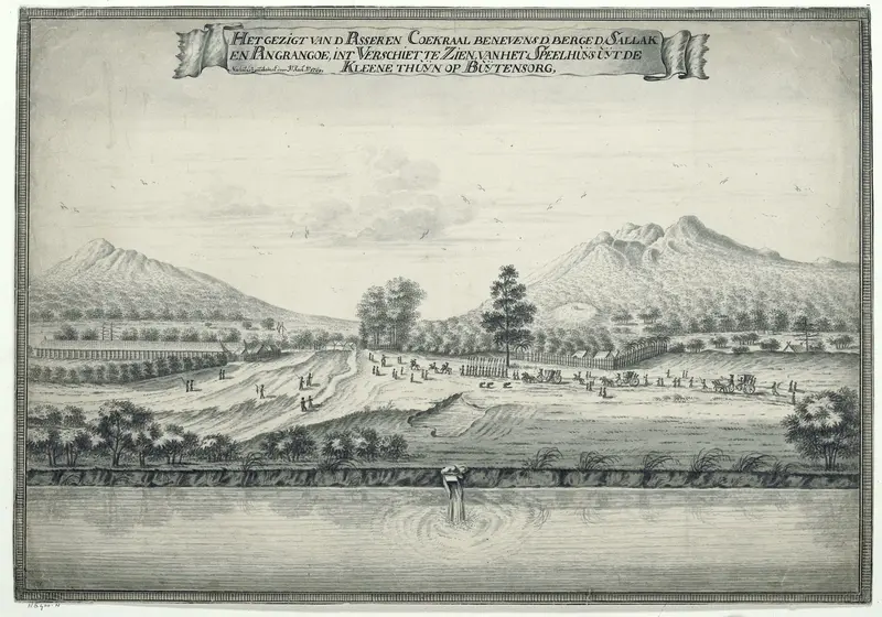 Het Gezigt van d Passer en Coekraal benevens d. berge d. Sallak en Pangrangoe, int Verschiet te Zien, van het Speelhuijs uijt de Kleene Thuijn op Buijtensorg Wall Art by Unknown - High-Resolution Digital Print
