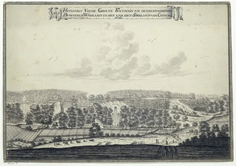 Het gezigt Van de Groote Fonthain en desselfs hoogtens Benevens de Wasplaats te sien van het Speelhuijs van Campong Baro Wall Art by Unknown - High-Resolution Digital Print