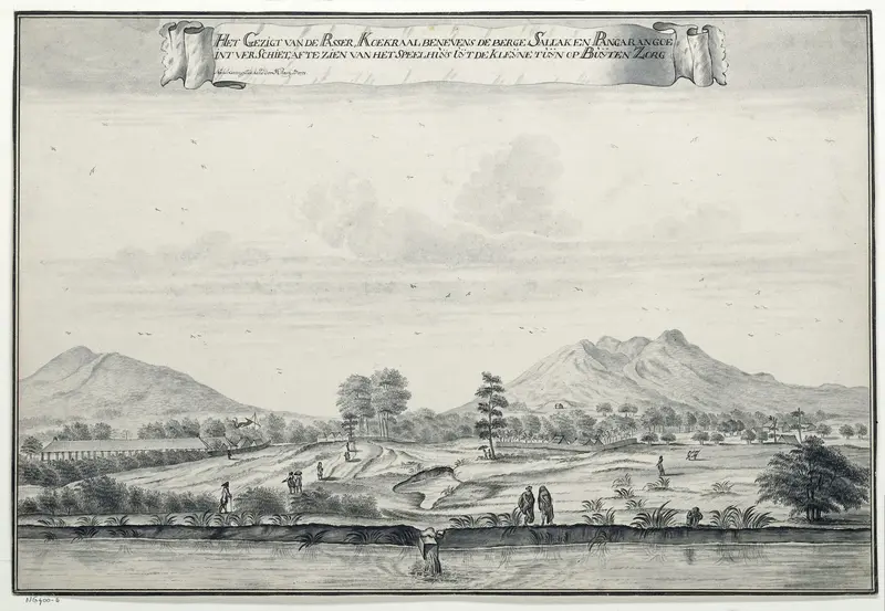 Het Gezigt van de Passer, Koekraal benevens de berge Sallak en Pangarangoe int verschiet, af te zien van het Speelhuijs uijt de kleijne tuijn op Buijten Zorg Wall Art by Unknown - High-Resolution Digital Print