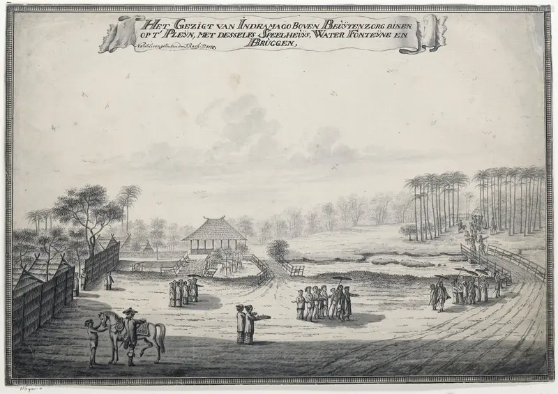 Het Gezigt van Indramago boven Beuijtenzorg binen op t' Pleijn, met desselfs Speelheuijs, Water Fonteijne en Bruggen Wall Art by Unknown - High-Resolution Digital Print