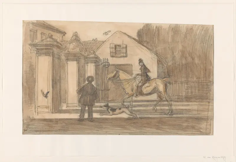 Het hek op de Scheveningse Weg te Den Haag; een ruiter met hond passeren Wall Art by Willem van Konijnenburg - High-Resolution Digital Print