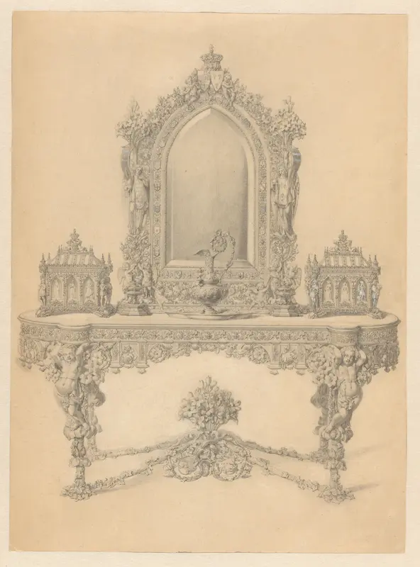 Het in 1847-1851 door François-Désiré Froment-Meurice vervaardigde verguld zilveren toiletstel op bijbehorende tafel, dat in 1851 door de dames van Frankrijk als huwelijksgeschenk aan de hertogin van Parma is aangeboden Wall Art by anonymous - High-Resolution Digital Print